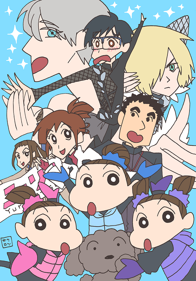 4boys, 5girls, bad_id, bad_pixiv_id, banner, black_hair, blonde_hair, blue-framed_eyewear