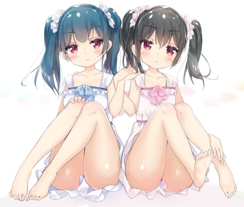 10s, 2girls, alternate_hairstyle, ass, bare_legs, barefoot, black_hair, blue_hair