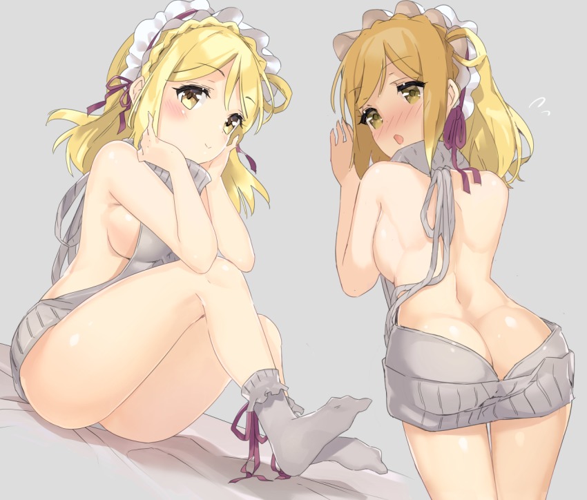 10s, 1girl, ass, backless_dress, backless_outfit, bare_back, blonde_hair, blush