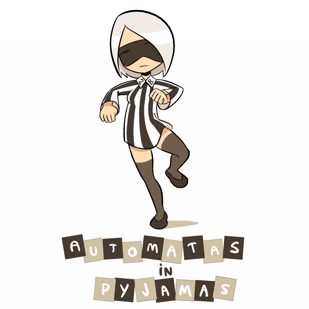 1girl, 2b_(nier:automata), bad_id, bad_twitter_id, bananas_in_pajamas, bananas_in_pyjamas, black_thighhighs, blindfold, blouse, collared_shirt, english_text, female_focus, full_body, josue_pereira, nier:automata, nier_(series), pajamas, shirt, short_hair, silver_hair, solo, source_request, standing, striped_clothes, striped_shirt, thighhighs