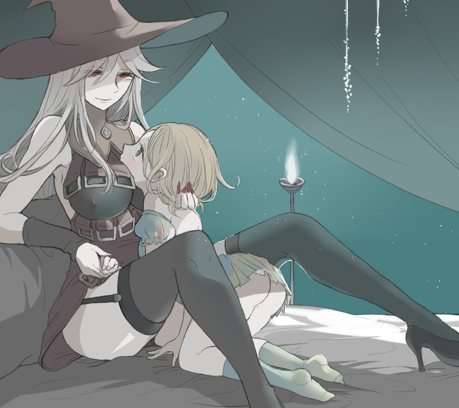 10s, 2girls, age_difference, ass, bed, between_breasts, blonde_hair, breasts, covered_erect_nipples, djeeta_(granblue_fantasy), dress, eye_contact, garter_straps, granblue_fantasy, grey_hair, hand_on_another's_head, hat, high_heels, holding_hands, kneehighs, large_breasts, long_hair, looking_at_another, magisa_(granblue_fantasy), multiple_girls, night, onee-loli, red_eyes, sayuco, short_hair, socks, strapless, strapless_dress, thighhighs, witch_hat, yuri