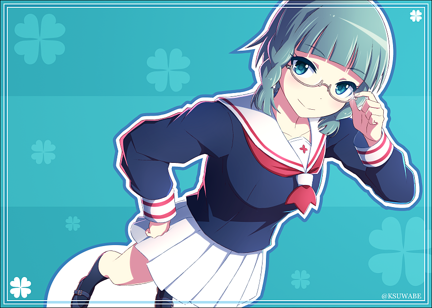 1girl, adjusting_eyewear, blue_background, blue_eyes, blue_hair, blue_theme, blunt_bangs, border
