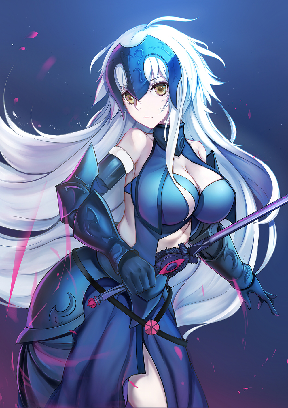 1girl, arm_guards, armor, armored_dress, ban_bu_bu_duou, bare_shoulders, black_gloves, blonde_hair