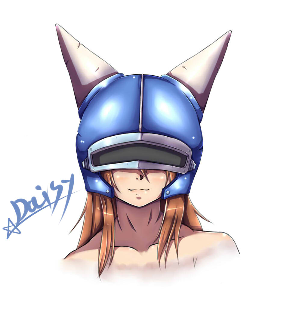 1girl, bare_shoulders, brown_hair, covered_eyes, daisy_(dq), dragon_quest, dragon_quest_yuusha_abel_densetsu, fake_horns, female_focus, helmet, helmet_over_eyes, horned_helmet, horns, kitajima_kitarou, long_hair, simple_background, solo