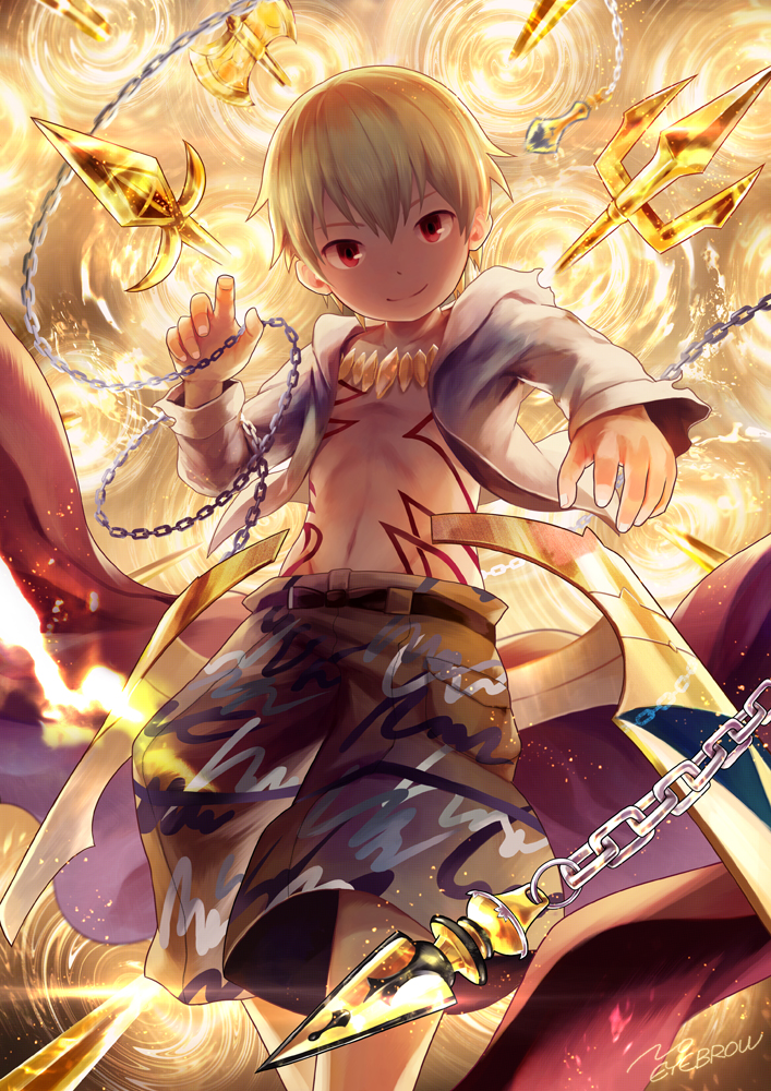 1boy, artist_name, axe, blonde_hair, chain, child_gilgamesh_(fate), child_gilgamesh_(third_ascension)_(fate), enkidu_(weapon)_(fate)