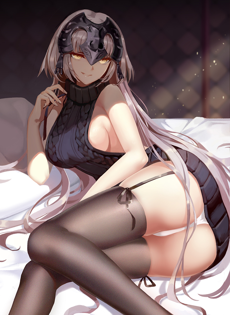 1girl, alternate_costume, aran_sweater, ass, backless_dress, backless_outfit, bare_shoulders, bed_sheet