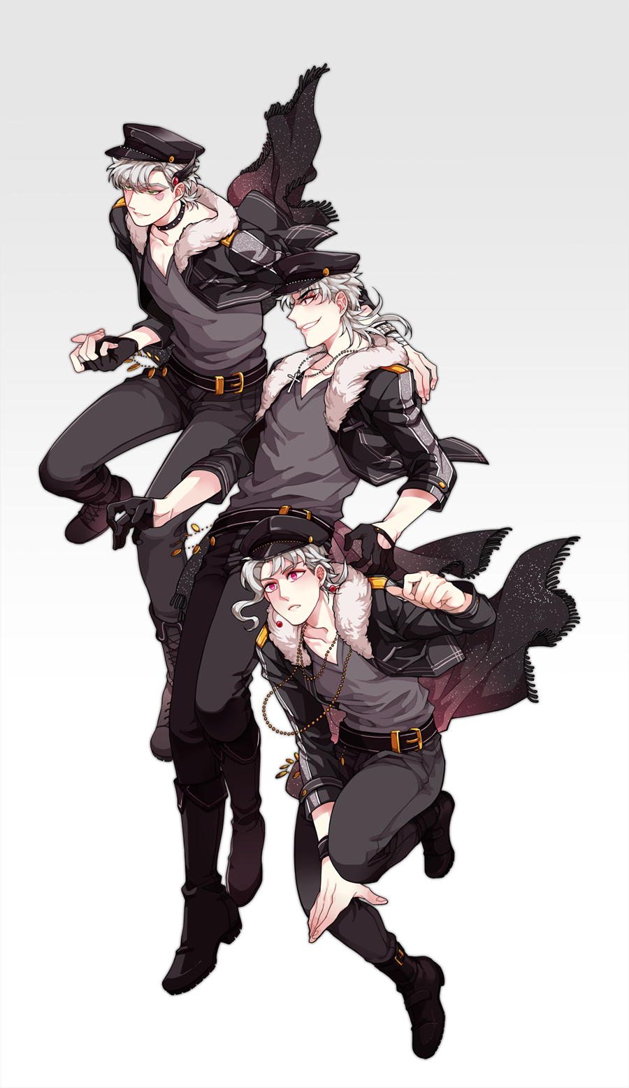 3boys, akiae_(hayj14), belt, caesar_anthonio_zeppeli, cosplay, cross, dio_brando, earrings, ensemble_stars!, evil_grin, evil_smile, facial_mark, fingerless_gloves, gloves, green_eyes, grin, half_gloves, hat, highres, jewelry, jojo_no_kimyou_na_bouken, kakyoin_noriaki, male_focus, multiple_boys, necklace, ogami_koga_(cosplay), ogami_koga, pendant, red_eyes, silver_hair, single_glove, smile