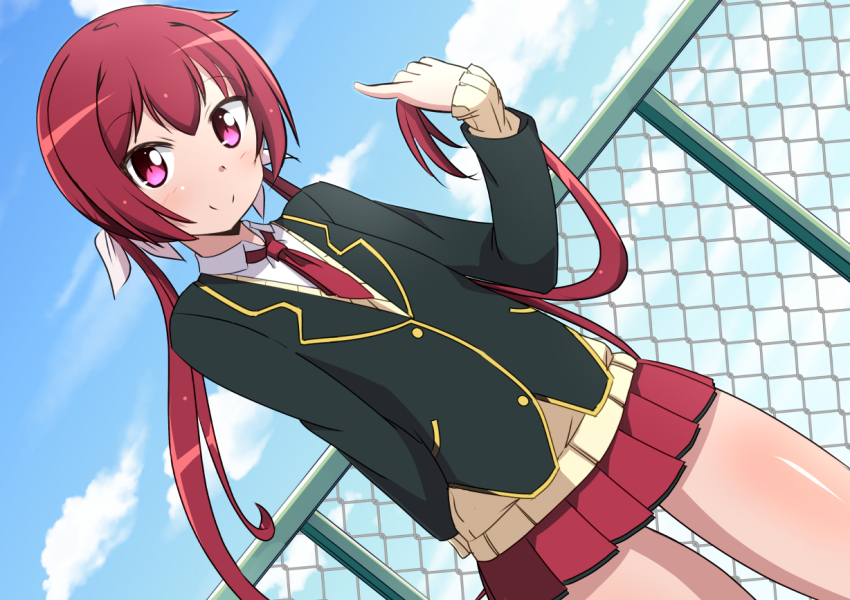 10s, 1girl, arms_behind_back, bad_id, bad_pixiv_id, blazer, blush, chain-link_fence, closed_mouth, cloud, collared_shirt, day, dutch_angle, female_focus, fence, head_tilt, holding, holding_own_hair, jacket, joukamachi_no_dandelion, long_hair, long_sleeves, looking_at_viewer, low_twintails, naruse_mai, necktie, outdoors, pink_eyes, pink_out, pinky_out, pleated_skirt, red_hair, red_necktie, red_skirt, sakurada_akane, school_uniform, shirt, short_necktie, skirt, sky, sleeves_past_wrists, solo, standing, sweater, twintails, very_long_hair, wing_collar