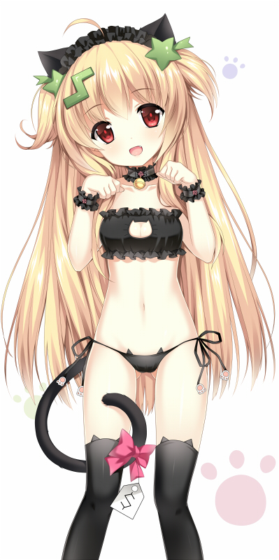 1girl, :d, ahoge, animal_ear_legwear, bell, black_bra, black_panties, black_thighhighs