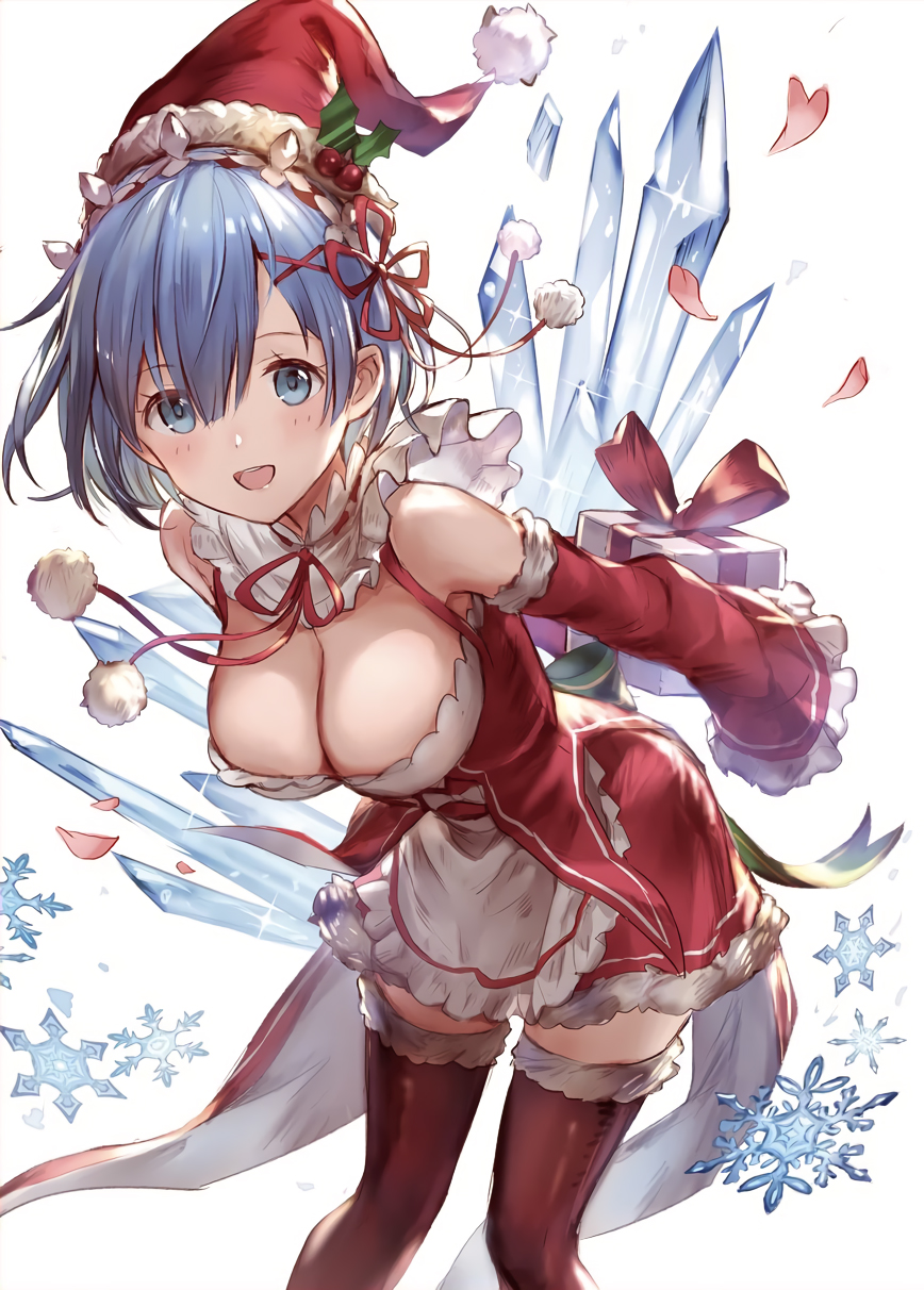 10s, 1girl, 77gl, adapted_costume, apron, arms_behind_back, bad_id, bad_twitter_id, blue_eyes, blue_hair, blush, box, breasts, christmas, cleavage, cropped, detached_collar, detached_sleeves, female_focus, fur-trimmed_legwear, fur_trim, gift, gift_box, granblue_fantasy_(style), hair_ornament, hair_ribbon, hat, highres, holding, holding_behind_back, large_breasts, leaning_forward, looking_at_viewer, maid, petals, pom_pom_(clothes), re:zero_kara_hajimeru_isekai_seikatsu, red_thighhighs, rem_(re:zero), ribbon, santa_costume, santa_hat, short_hair, simple_background, smile, snowflakes, solo, thighhighs, waist_apron, white_background, x_hair_ornament, zettai_ryouiki
