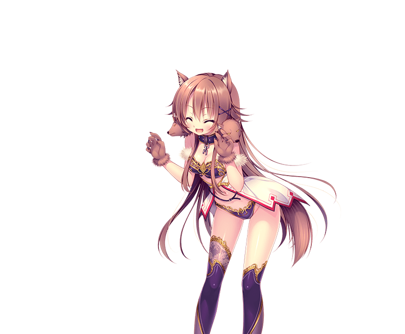 1girl, ^_^, animal_ears, broken, broken_chain, brown_gloves, brown_hair, cerberus_(dragon_providence), chain, closed_eyes, collar, dragon_providence, female_focus, gloves, hair_ornament, kerberos_(dragon_providence), leaning_forward, long_hair, midriff, official_art, open_mouth, solo, standing, thighhighs, transparent_background, x_hair_ornament