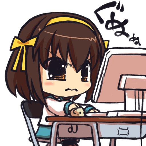 00s, 1girl, annoyed, bad_id, bad_pixiv_id, chibi, computer, computer_mouse, dadamdow, desk, female_focus, mouse_(animal), school_uniform, serafuku, solo, suzumiya_haruhi, suzumiya_haruhi_no_yuuutsu, touma_rui