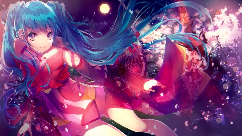 1girl, aqua_hair, cherry_blossoms, detached_sleeves, dutch_angle, female_focus, floral_print, full_moon