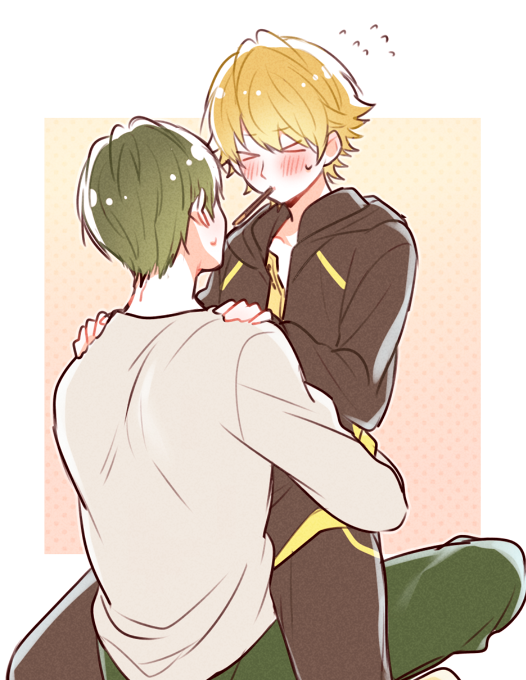 >_<, 10s, 2boys, amagi_ikuma, bad_id, bad_pixiv_id, blonde_hair, blush