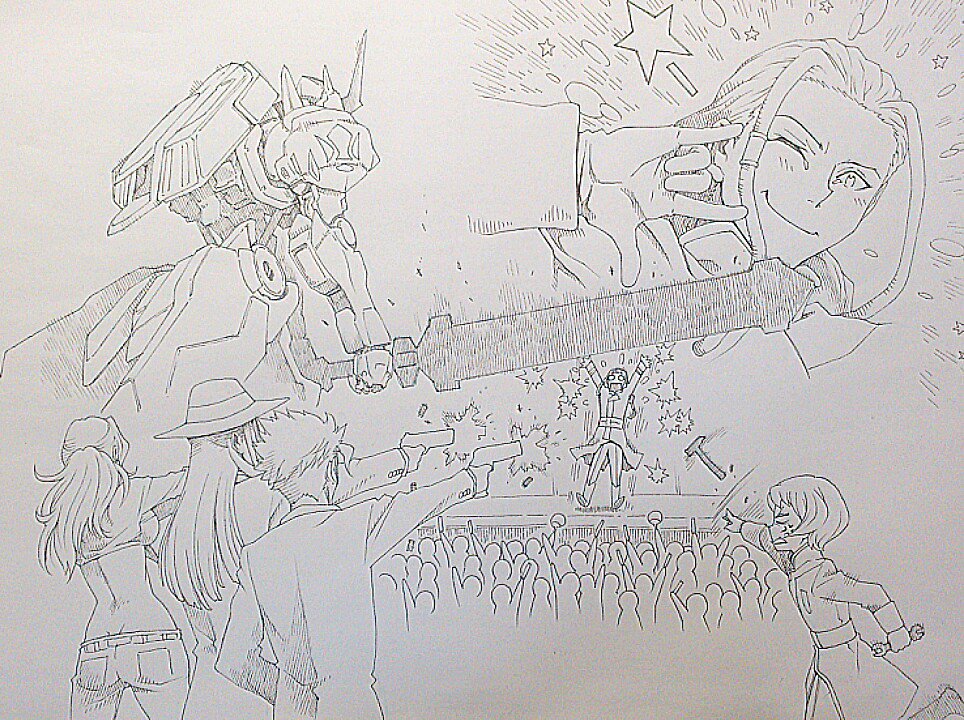 2girls, 3boys, amida_arca, anger_vein, angry, crowded, firing, from_behind, gundam, gundam_barbatos, gundam_tekketsu_no_orphans, hammer, holding, holding_weapon, hoshino_kouichirou, iok_kujan, julietta_juris, mace, monochrome, multiple_boys, multiple_girls, naze_turbine, o_o, one_eye_closed, orga_itsuka, protest, seikan_hikou, sketch, sword, throwing, traditional_media, weapon, wrench