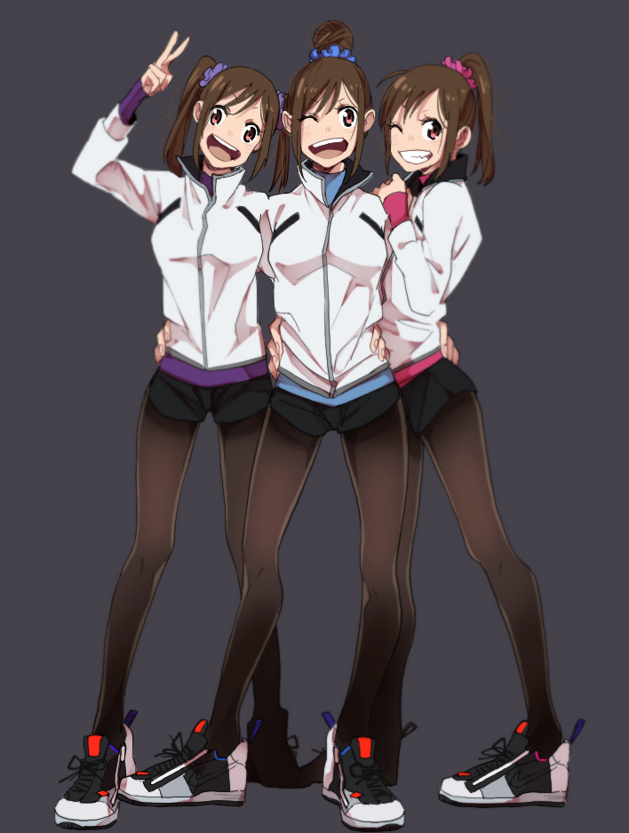 10s, 3girls, ;d, aged_up, bad_id, bad_pixiv_id, black_legwear, brown_eyes, brown_hair, con_potata, girl_sandwich, grin, hair_bun, hair_ornament, hair_scrunchie, hand_on_another's_hip, jacket, pantyhose_under_shorts, multiple_girls, nishigoori_axel, nishigoori_loop, nishigoori_lutz, one_eye_closed, open_mouth, pantyhose, ponytail, sandwiched, scrunchie, shorts, siblings, simple_background, single_hair_bun, sisters, smile, track_jacket, triplets, twintails, v, yuri!!!_on_ice
