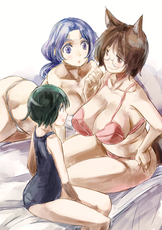 3girls, animal_ears, bad_anatomy, bare_legs, bare_shoulders, blue_eyes, blue_hair, blue_one-piece_swimsuit