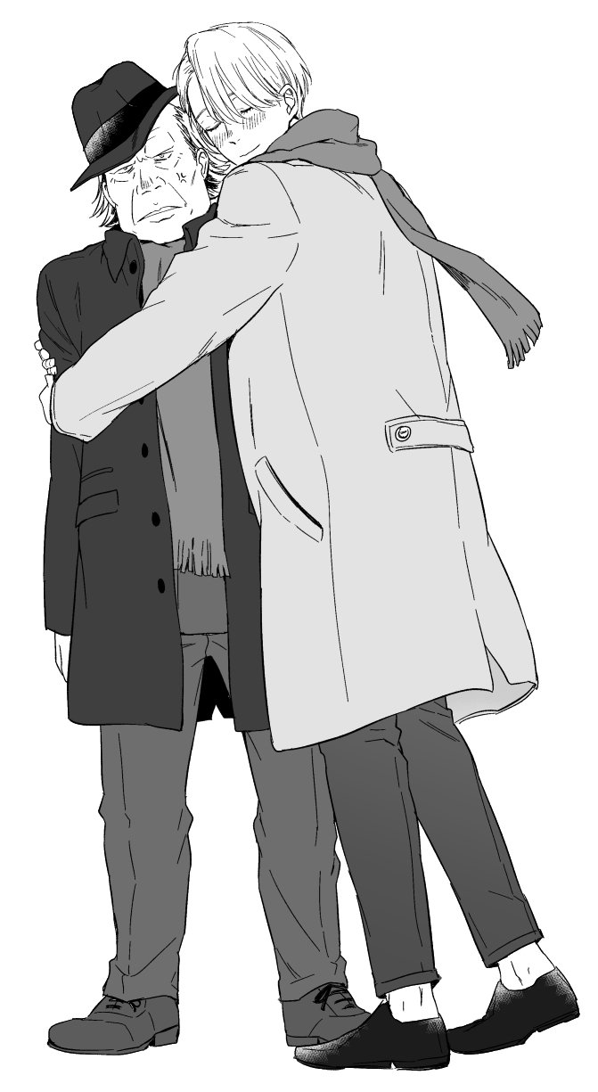 10s, 2boys, anger_vein, blush, coat, closed_eyes, greyscale, hat