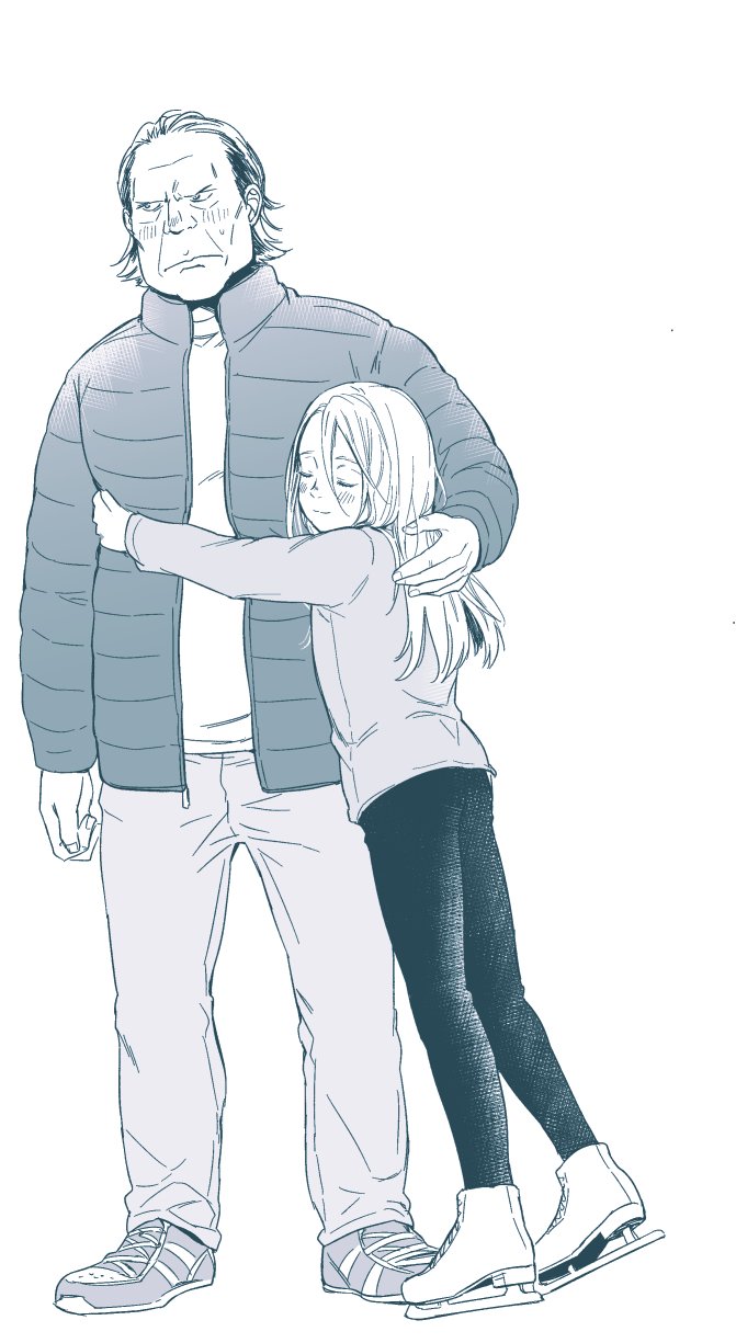 10s, 2boys, blush, child, coat, closed_eyes, highres, hug, ice_skates, long_hair, male_focus, monochrome, multiple_boys, ringtomato, skates, viktor_nikiforov, yakov_feltsman, aged_down, yuri!!!_on_ice