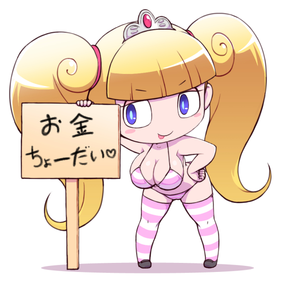 10s, 1girl, bikini, blonde_hair, blue_eyes, blue_pupils, blunt_bangs, blush_stickers, breasts, cleavage, female_focus, hair_ornament, hand_on_own_hip, heart, large_breasts, leaning_forward, long_hair, muchaburikko, nollety, pigeon-toed, pink_bikini, pink_thighhighs, simple_background, smile, solo, standing, striped_bikini, striped_clothes, striped_thighhighs, swimsuit, thighhighs, tongue, tongue_out, translated, twintails, white_background, white_bikini, white_thighhighs, youkai_watch, youkai_watch_3