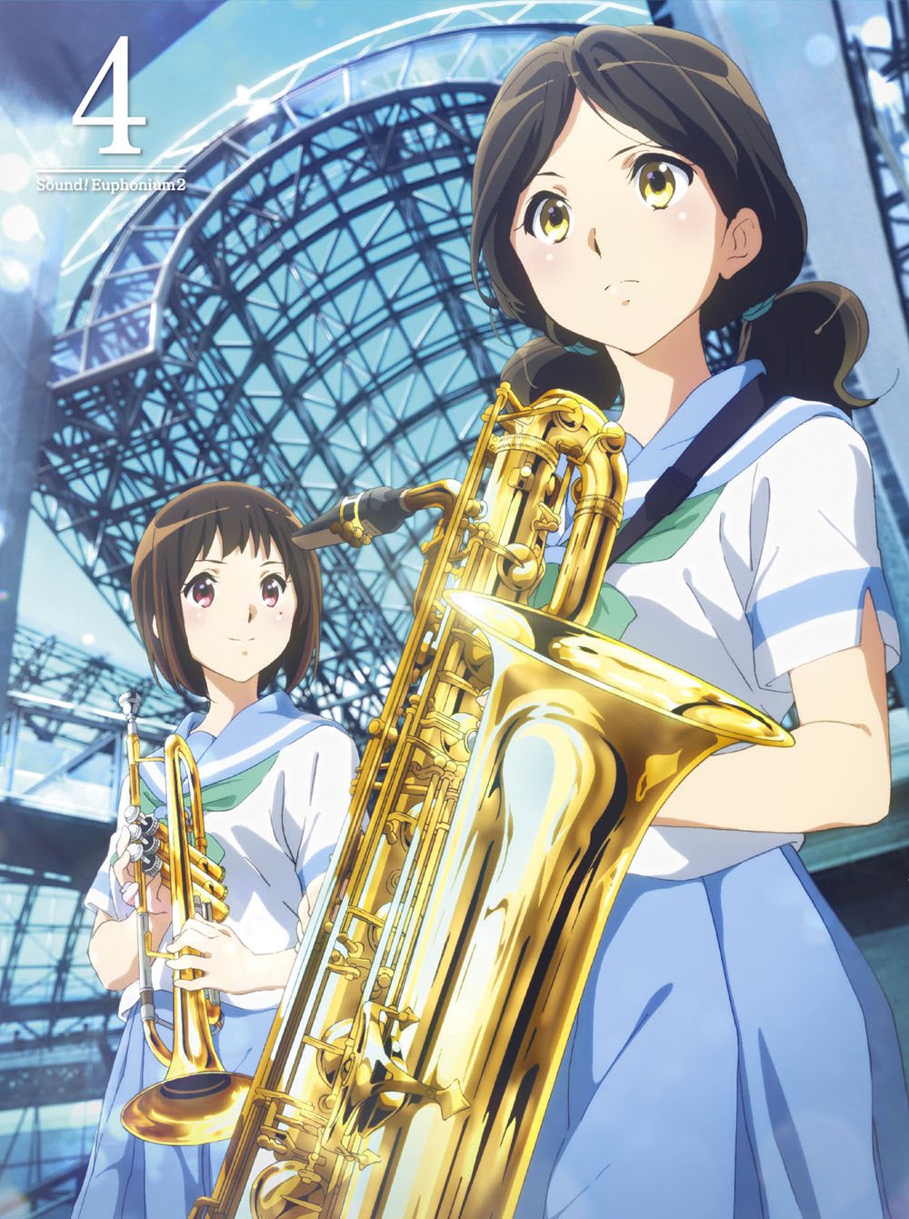 10s, baritone_saxophone, blue_skirt, blurry, bob_cut, bow, brown_hair, building, closed_mouth, cloud, cover, cowboy_shot, day, depth_of_field, dvd_cover, forehead, green_bow, green_neckerchief, green_ribbon, hibike!_euphonium, highres, holding, holding_instrument, holding_saxophone, ikeda_shouko, instrument, kyoto_animation, looking_at_another, looking_at_viewer, looking_away, mole, mole_under_eye, nakaseko_kaori, neck_ribbon, neckerchief, official_art, ogasawara_haruka, outdoors, pleated_skirt, red_eyes, ribbon, sailor_collar, saxophone, school_uniform, serafuku, short_hair, short_sleeves, short_twintails, skirt, sky, standing, station, strap, swept_bangs, trumpet, twintails, yellow_eyes