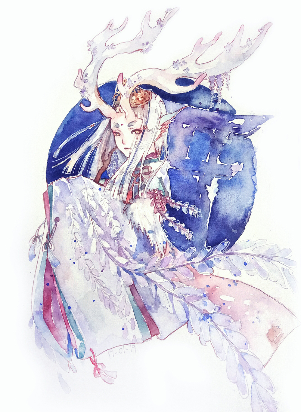 1girl, animal_ears, antlers, bluebluecathy, crown, dated, eyebrows, female_focus