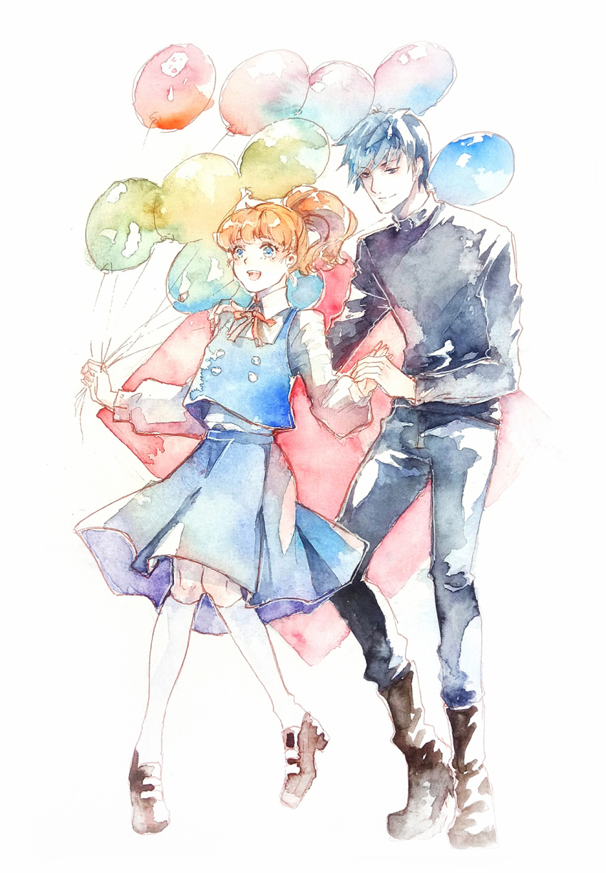 1boy, 1girl, :d, acca_13-ku_kansatsu-ka, balloon, black_pants, blue_eyes, blue_hair