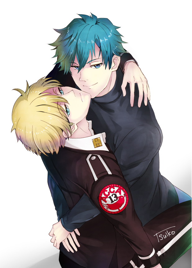 2boys, acca_13-ku_kansatsu-ka, artist_name, blonde_hair, blue_eyes, blue_hair, hug, jean_otus, looking_at_viewer, male_focus, multiple_boys, niino_(acca), smile, tsukiko_(doll_house), uniform, yaoi