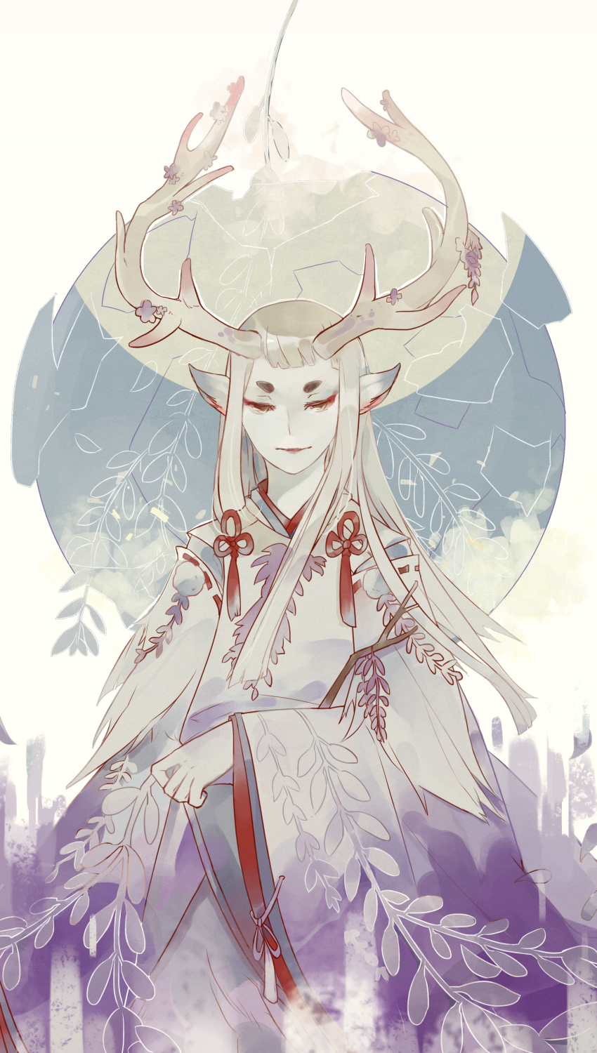 1boy, absurdres, animal_ears, antlers, eyebrows, highres, horns, kojikadan, kuroshiromono, long_hair, male_focus, onmyoji, solo, white_hair, wide_sleeves