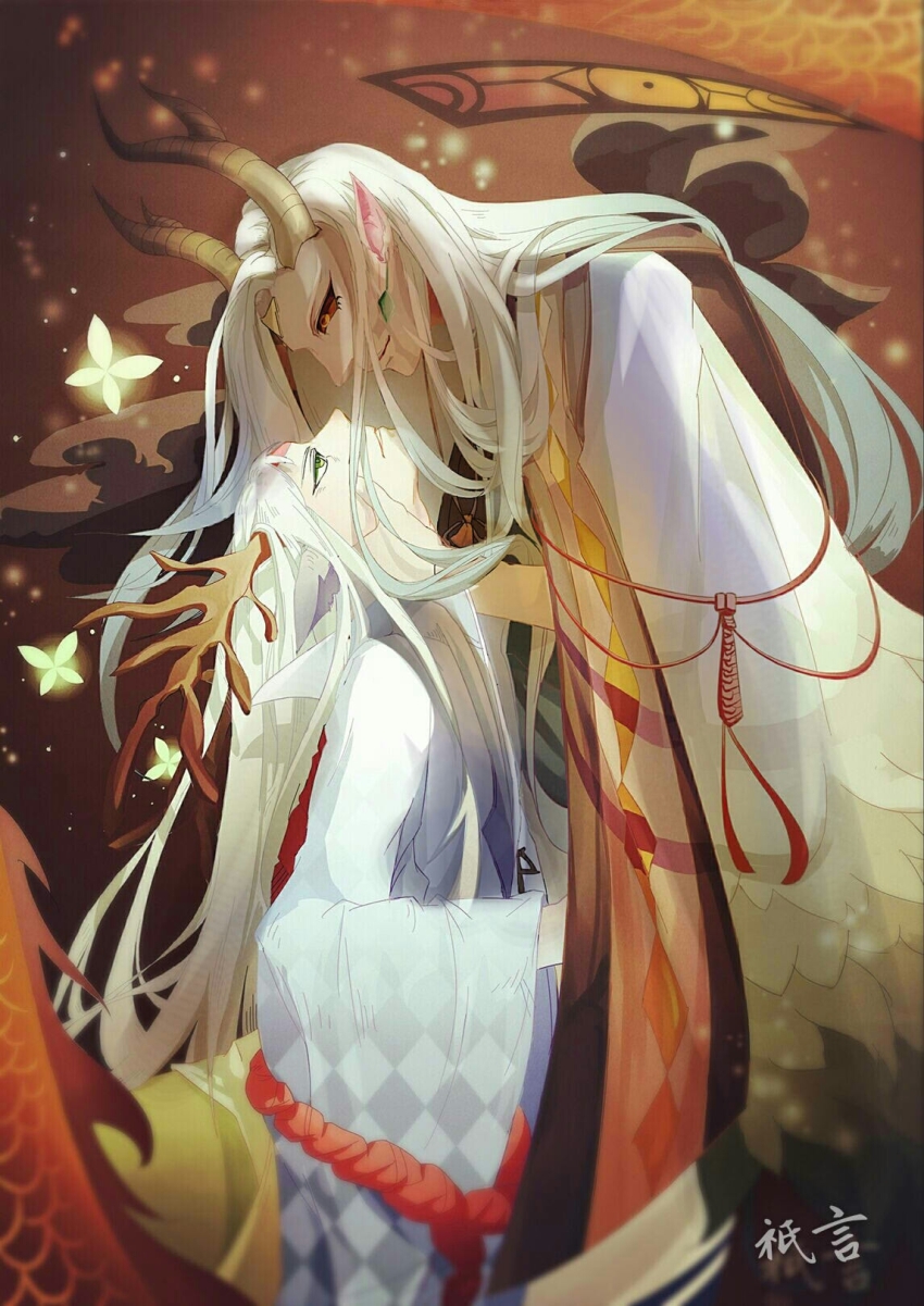 2boys, antlers, centauroid, character_request, colored_sclera, eye_contact, green_eyes, height_difference