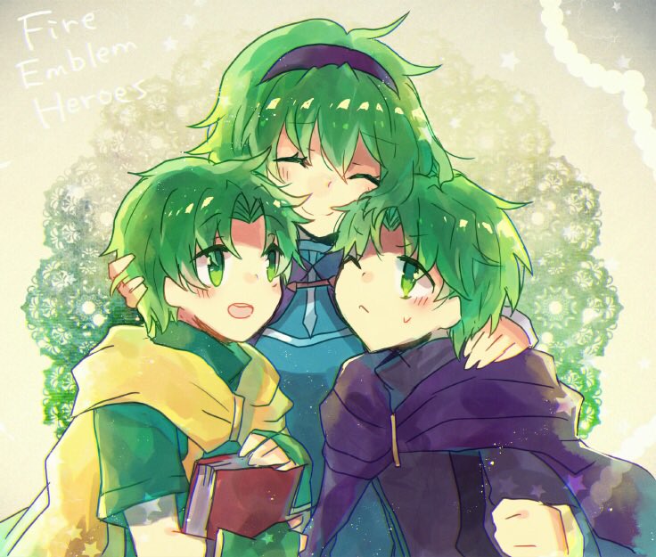 1girl, 2boys, book, brothers, cape, closed_eyes, english_text, european_clothes