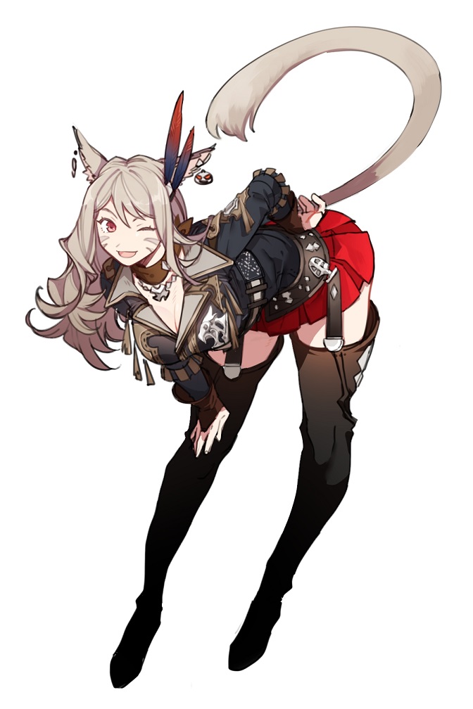 10s, 1girl, animal_ears, blonde_hair, boots, breasts, cat_ears, cat_tail, cleavage, earrings, facial_mark, female_focus, final_fantasy, final_fantasy_xiv, full_body, hair_ornament, jewelry, jionghai, large_breasts, leaning_forward, long_hair, miqo'te, one_eye_closed, red_eyes, simple_background, solo, tail, thigh_boots, thighhighs, warrior_of_light_(ff14)