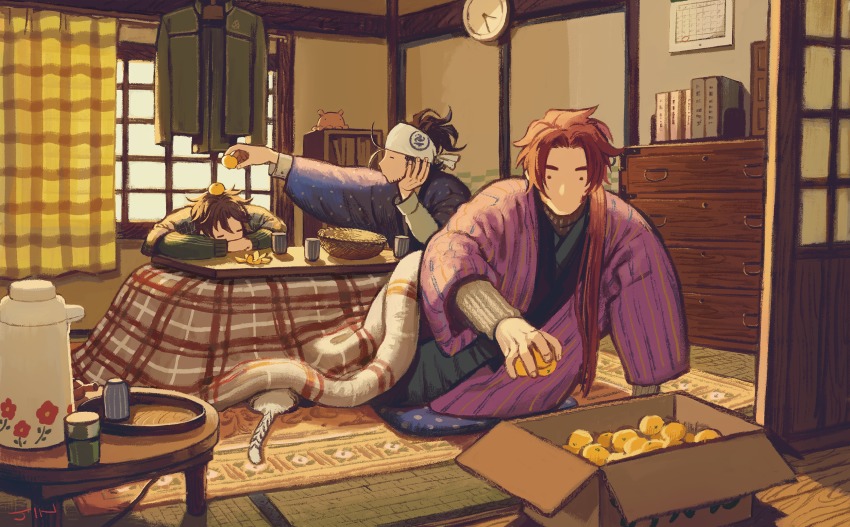 10s, 3boys, baby_animal, bandana, basket, black_hair, book, bookshelf