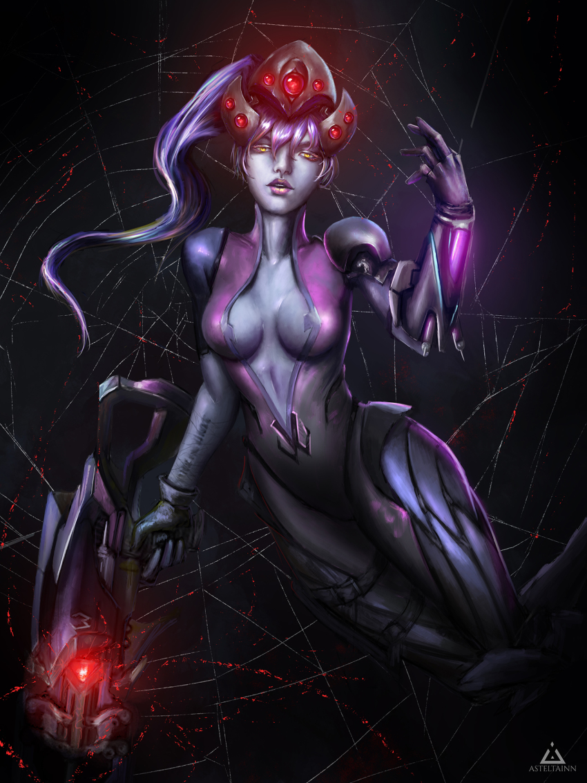 1girl, anastasia_(asteltainn), arm_tattoo, black_background, black_gloves, bodysuit, breasts, center_opening