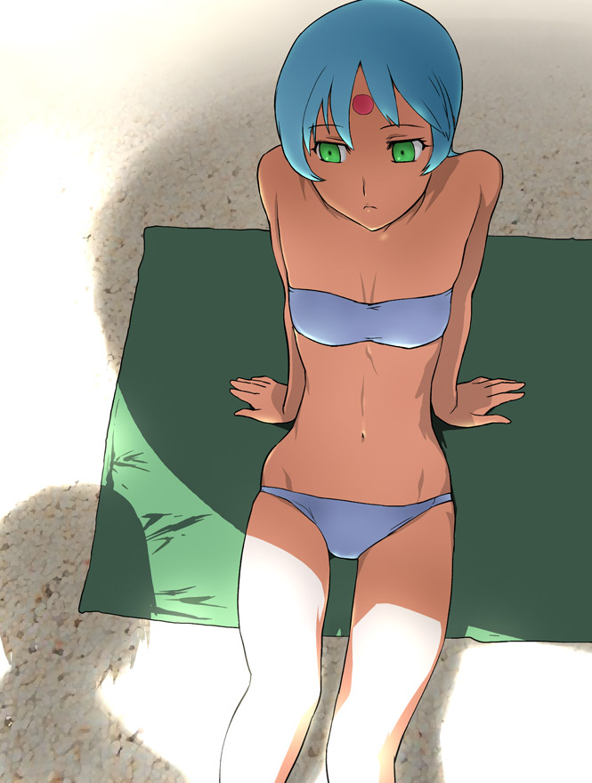 1girl, arm_support, bandeau, bare_shoulders, beach, bikini, blue_hair, facial_mark, female_focus, flat_chest, forehead_mark, green_eyes, lowleg, lowleg_bikini, ryss, short_hair, sitting, solo, strapless, swimsuit, tube_top, ueyama_michirou, white_bikini, zoids, zoids_chaotic_century