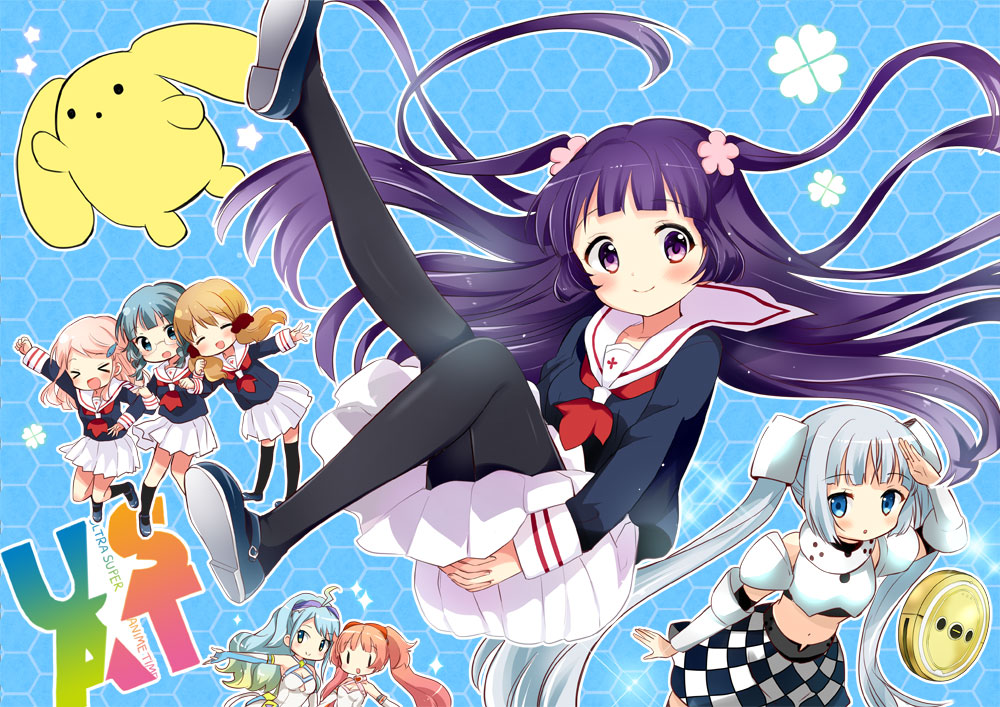 >_<, 10s, 6+girls, :d, ^_^, ahoge, arm_guards, arm_up