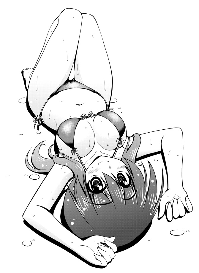 10s, 1girl, barefoot, bikini, blush, breasts, closed_mouth, female_focus