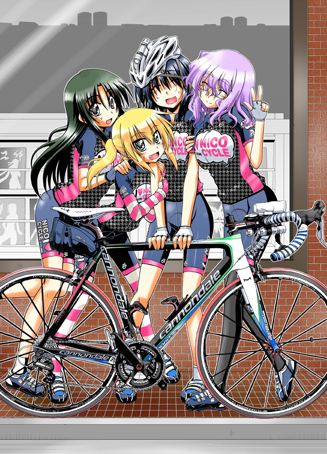 10s, 4girls, :d, ^_^, arm_hug, bicycle, bike_jersey, bike_shorts