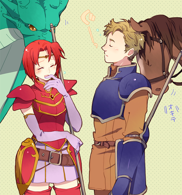 1boy, 1girl, armor, bad_id, bad_pixiv_id, blush, brown_hair, closed_eyes, dragon, fire_emblem, fire_emblem:_the_binding_blade, gloves, guttary, horse, melady_(fire_emblem), nintendo, open_mouth, polearm, red_hair, spear, tiara, trec_(fire_emblem), weapon, wings