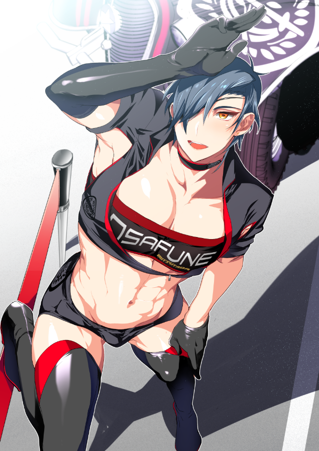 10s, 1boy, armpit_peek, asymmetrical_gloves, bishounen, black_boots, black_gloves, blue_hair, boots, chest_harness, crossdressing, crossdressing_(mtf), elbow_gloves, eyepatch, from_above, gloves, harness, insitsukun, lens_flare, male_focus, muscular, navel, open_clothes, open_shirt, pectoral_cleavage, pectorals, perspective, race_queen, shirt, shokudaikiri_mitsutada, short_shorts, shorts, skin_tight, solo, standing, thigh_boots, thighhighs, touken_ranbu, trap, uneven_gloves, yellow_eyes, zipper_pull_tab