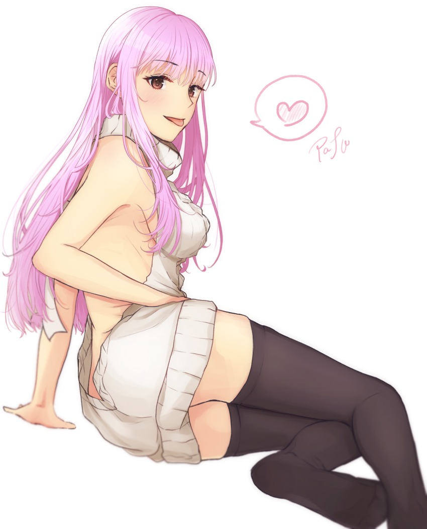 1girl, aran_sweater, arm_support, artist_name, backless_dress, backless_outfit, bad_id, bad_pixiv_id, bare_back, bare_shoulders, black_thighhighs, blurry, breasts, brown_eyes, cable_knit, depth_of_field, dress, fate/grand_order, fate_(series), female_focus, from_side, halterneck, heart, highres, large_breasts, long_hair, looking_at_viewer, medb_(fate), naked_sweater, no_1pafu, parted_lips, pink_hair, ribbed_sweater, signature, simple_background, sitting, smile, soles, solo, spoken_heart, sweater, sweater_dress, thighhighs, thighs, tongue, tongue_out, turtleneck, turtleneck_sweater, virgin_killer_sweater, white_background, white_sweater, yokozuwari