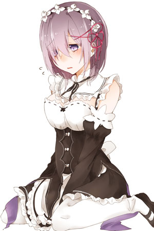 10s, 1girl, alternate_costume, between_legs, blush, breasts, commentary_request, cosplay, detached_sleeves, dokkun0818, dress, enmaided, eyes_visible_through_hair, fate/grand_order, fate_(series), female_focus, frills, hair_ornament, hair_over_one_eye, hairclip, hand_between_legs, look-alike, lowres, maid, maid_headdress, mash_kyrielight, medium_breasts, purple_eyes, purple_hair, re:zero_kara_hajimeru_isekai_seikatsu, rem_(re:zero), rem_(re:zero)_(cosplay), ribbon, short_hair, solo, x_hair_ornament