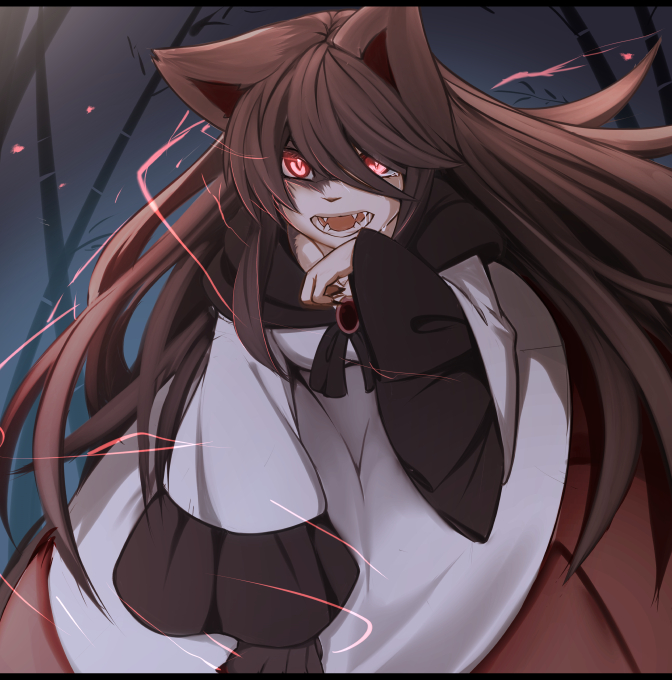 1girl, animal_ears, body_fur, brooch, brown_hair, dress, fangs, female_focus, furry, furry_female, glowing, glowing_eyes, imaizumi_kagerou, imaizumi_kagerou_(wolf), jewelry, long_hair, long_sleeves, looking_at_viewer, open_mouth, red_eyes, solo, tamahana, tears, touhou, transformation, very_long_hair, werewolf, wide_sleeves, wolf_ears