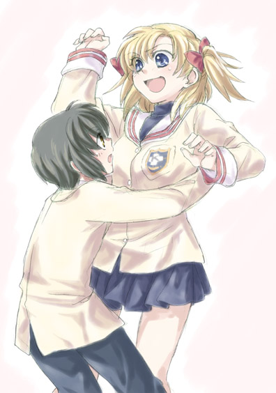 00s, 1boy, 1girl, black_hair, blonde_hair, blue_eyes, clannad, genderswap, genderswap_(ftm), genderswap_(mtf), hetero, hug, ibuki_fuuko, ibuki_fuutarou, ikuhashi_muiko, school_uniform, serafuku, short_hair, sunohara_youhei, sunohara_youko