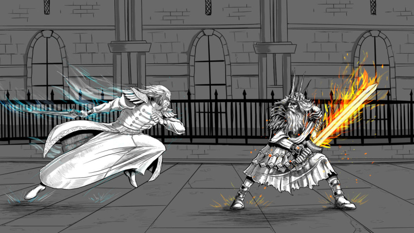 2boys, armor, beard, cross, dark_souls_(series), dark_souls_i, demon's_souls, facial_hair, false_king_allant, fire, fromsoftware, gwyn_lord_of_cinder, multiple_boys, old_king_allant, sword, weapon