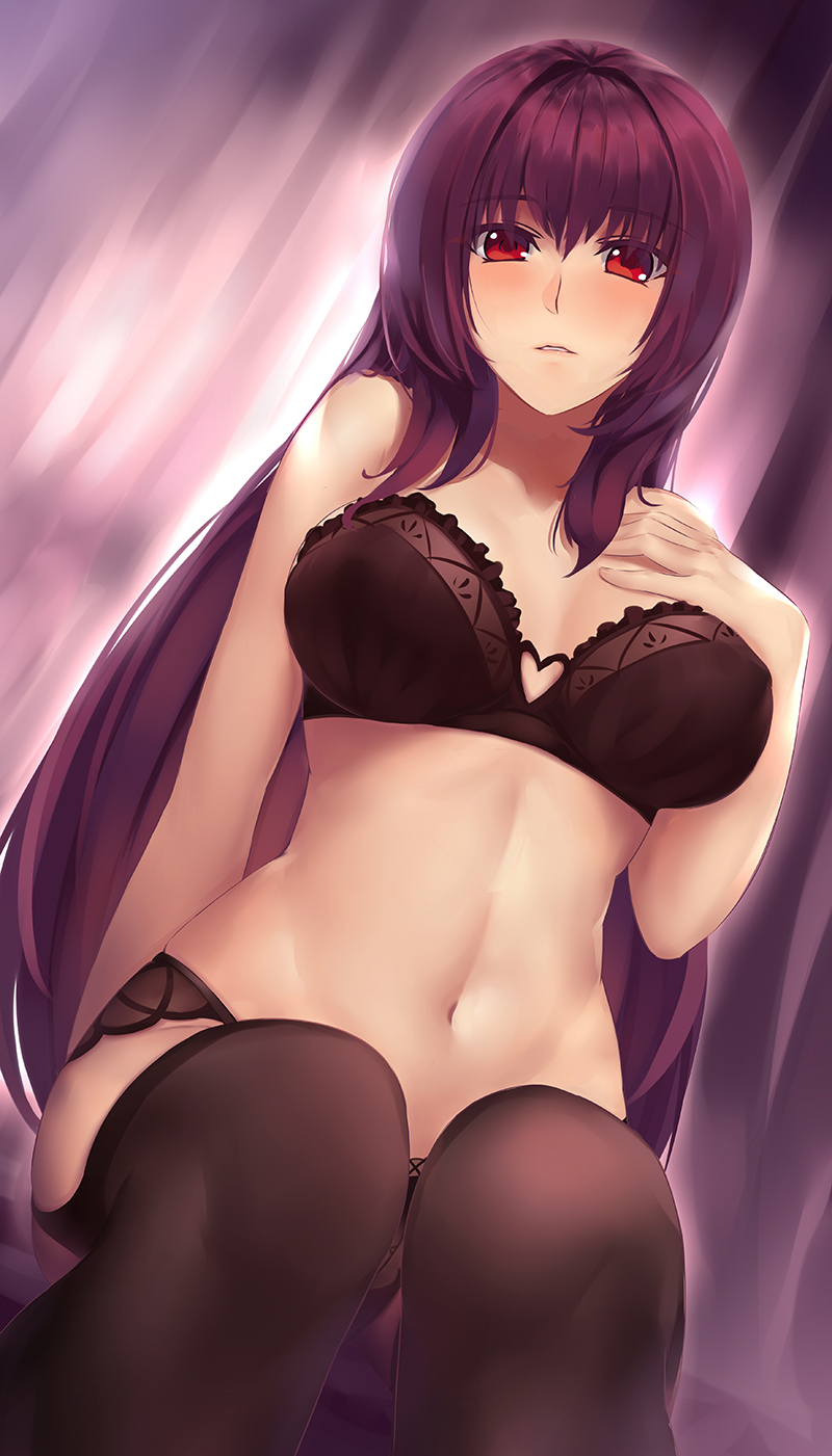 1girl, bad_id, bad_pixiv_id, bare_arms, bare_shoulders, black_bra, black_panties, black_thighhighs, bra, breast_suppress, breasts, clothing_cutout, curtains, dutch_angle, fate/grand_order, fate_(series), female_focus, frilled_bra, frills, garter_straps, hair_between_eyes, hand_on_own_chest, heart_cutout, highres, ian_wang, indoors, large_breasts, long_hair, navel, panties, parted_lips, purple_hair, red_eyes, scathach_(fate), sitting, solo, stomach, thighhighs, underwear, underwear_only, very_long_hair