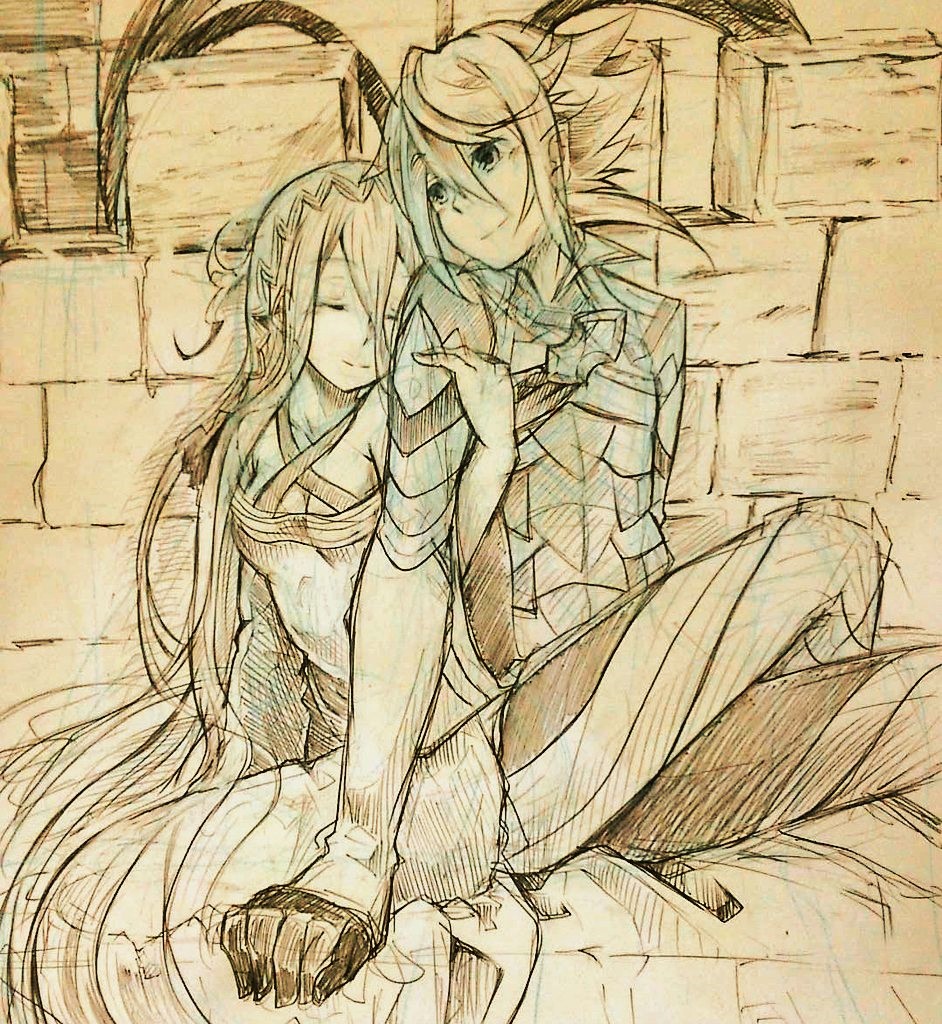1boy, 1girl, armor, azura_(fire_emblem), closed_eyes, male_corrin_(fire_emblem), couple, cousins, fire_emblem, fire_emblem_fates, hetero, long_hair, nintendo, pencil, shiratsu_(white-seaside), stone, very_long_hair