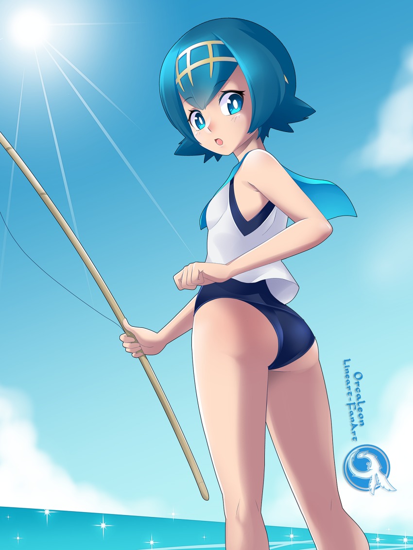 10s, 1girl, ass, bare_arms, bare_legs, bare_shoulders, blue_eyes, blue_hair, blue_sky, blunt_bangs, cloud, day, eyebrows, female_focus, fishing_rod, highres, lana_(pokemon), looking_back, nintendo, one-piece_swimsuit, open_mouth, orcaleon, outdoors, pokemon, pokemon_sun_and_moon, shirt, short_hair, sky, sleeveless, sleeveless_shirt, solo, sparkle, standing, sun, swimsuit, swimsuit_under_clothes, trial_captain, water