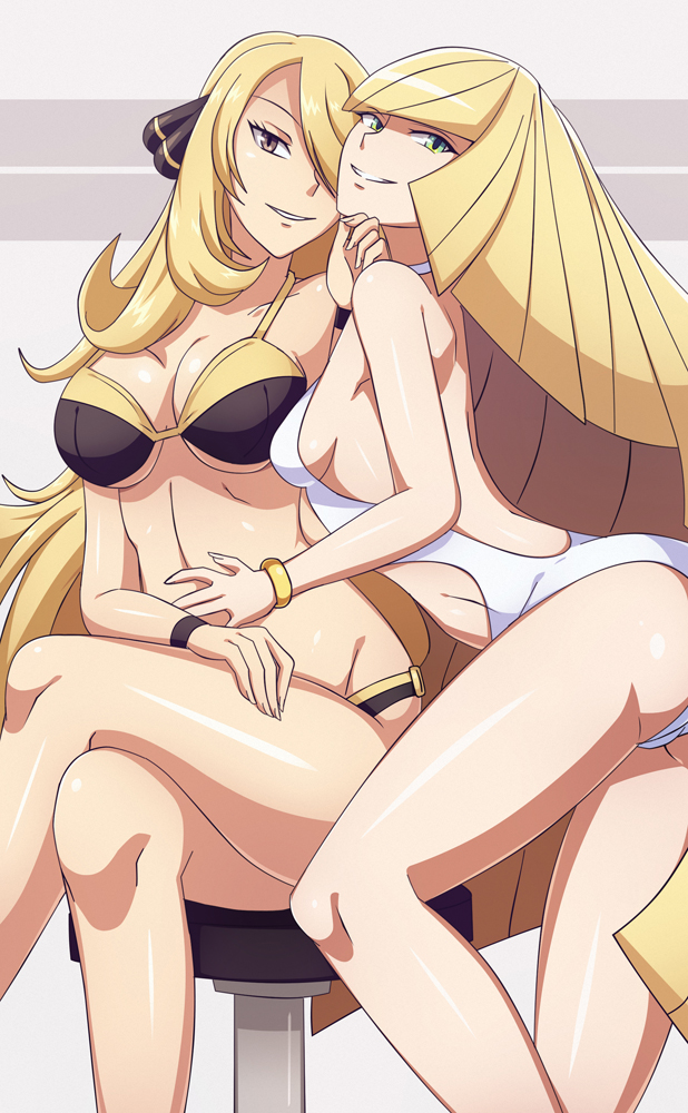 2girls, alternate_breast_size, arched_back, ass, back, backless_outfit, bare_arms, bare_back, bare_legs, bare_shoulders, bikini, blonde_hair, blunt_bangs, breasts, breasts_apart, brown_eyes, collarbone, cowboy_shot, crossed_legs, cynthia_(pokemon), female_focus, grabbing_another's_chin, green_eyes, grin, hair_ornament, hair_over_one_eye, hand_on_another's_chin, hand_on_another's_stomach, hand_on_own_chin, hand_on_own_stomach, hand_on_own_thigh, hip_focus, knees, large_breasts, legs, long_hair, looking_at_viewer, lusamine_(pokemon), mature_female, multiple_girls, nintendo, one-piece_swimsuit, parted_lips, pokemon, pokemon_diamond/pearl/platinum, pokemon_sun_and_moon, scott_bennett, shoulder_blades, sideboob, simple_background, sitting, small_breasts, smile, stomach, swimsuit, underboob, very_long_hair, vivivoovoo