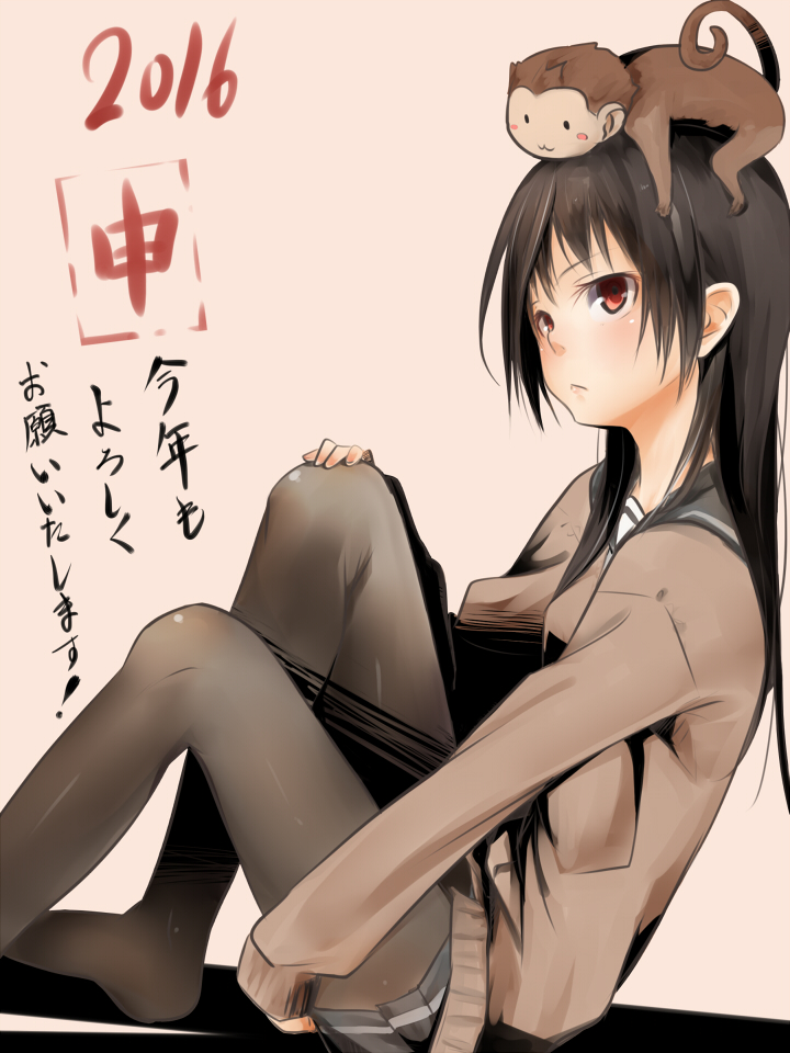1girl, 2016, :<, akino_shuu, animal, animal_on_head, beige_background, black_hair